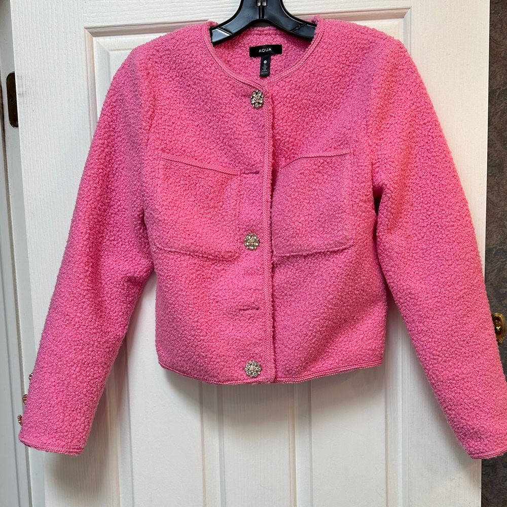 Aqua Pink Textured Jacket with Crystal Buttons